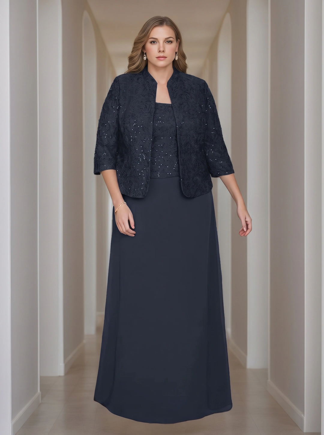 Sheath/Column 2 Pieces Square Neck 3/4 Length Sleeves Floor-Length Mother of the Bride Dresses with Jacket, Lace & Sequins