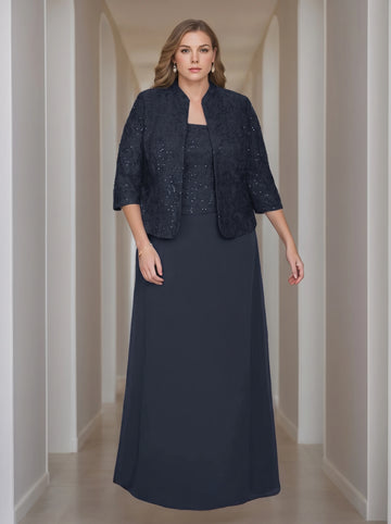 Sheath/Column 2 Pieces Square Neck 3/4 Length Sleeves Floor-Length Mother of the Bride Dresses with Jacket, Lace & Sequins