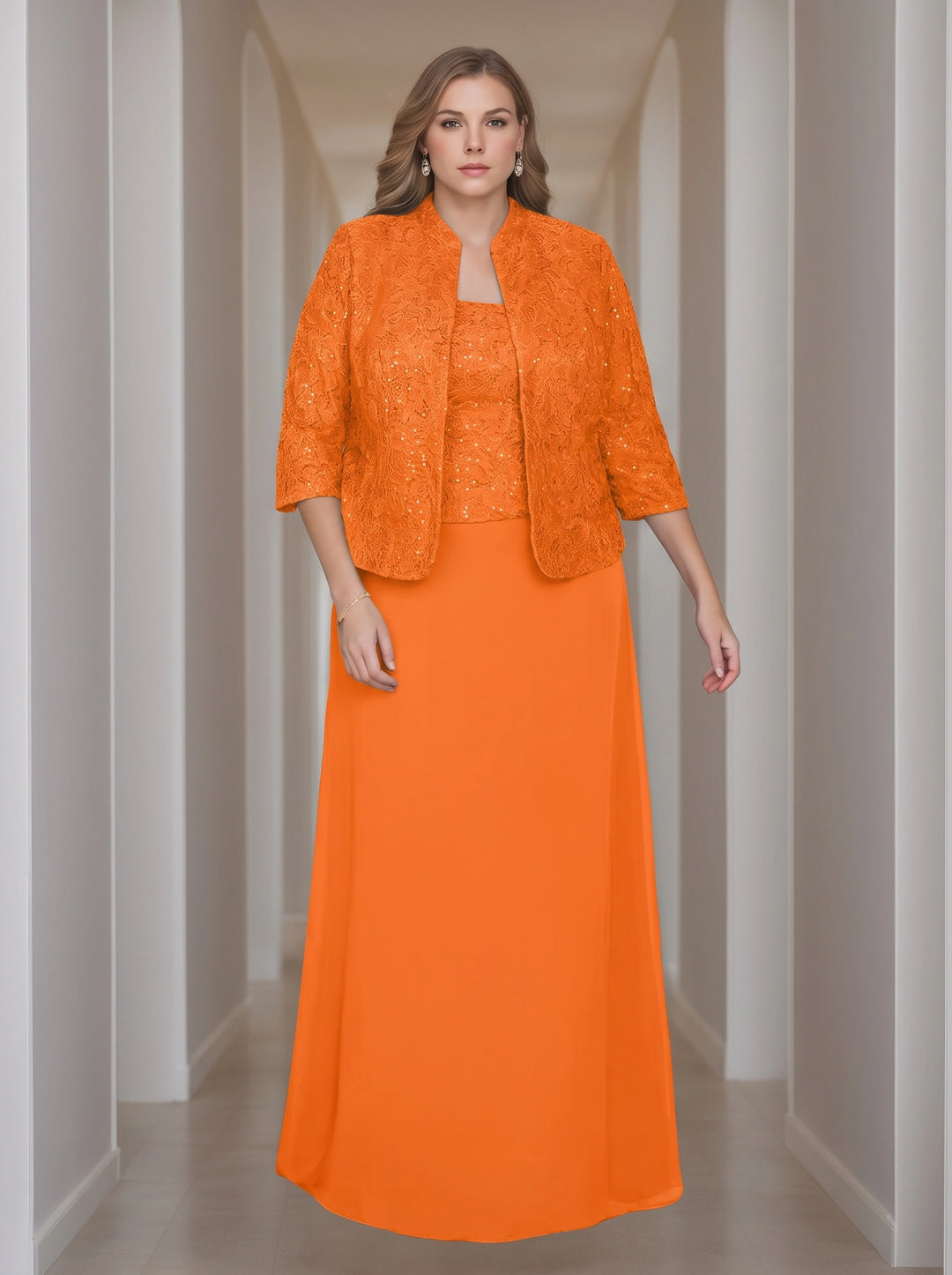 Sheath/Column 2 Pieces Square Neck 3/4 Length Sleeves Floor-Length Mother of the Bride Dresses with Jacket, Lace & Sequins
