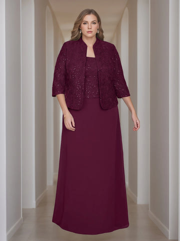 Sheath/Column 2 Pieces Square Neck 3/4 Length Sleeves Floor-Length Mother of the Bride Dresses with Jacket, Lace & Sequins