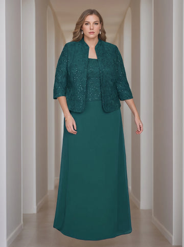 Sheath/Column 2 Pieces Square Neck 3/4 Length Sleeves Floor-Length Mother of the Bride Dresses with Jacket, Lace & Sequins