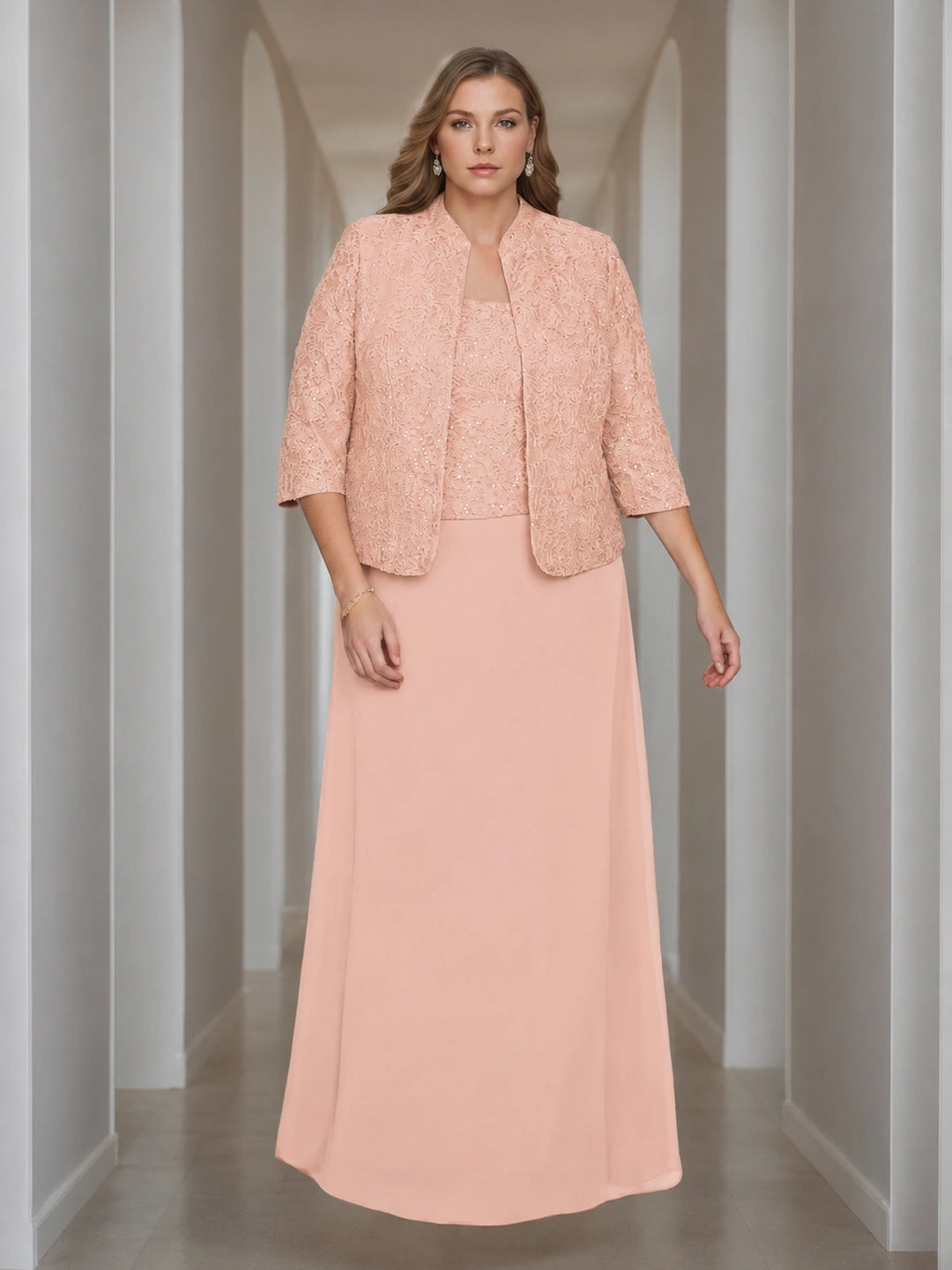 Sheath/Column 2 Pieces Square Neck 3/4 Length Sleeves Floor-Length Mother of the Bride Dresses with Jacket, Lace & Sequins