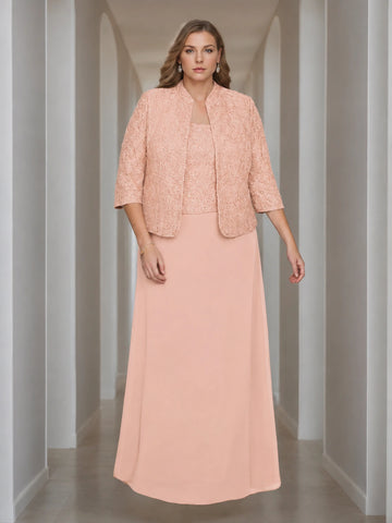 Sheath/Column 2 Pieces Square Neck 3/4 Length Sleeves Floor-Length Mother of the Bride Dresses with Jacket, Lace & Sequins