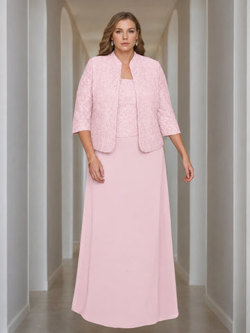 Sheath/Column 2 Pieces Square Neck 3/4 Length Sleeves Floor-Length Mother of the Bride Dresses with Jacket, Lace & Sequins