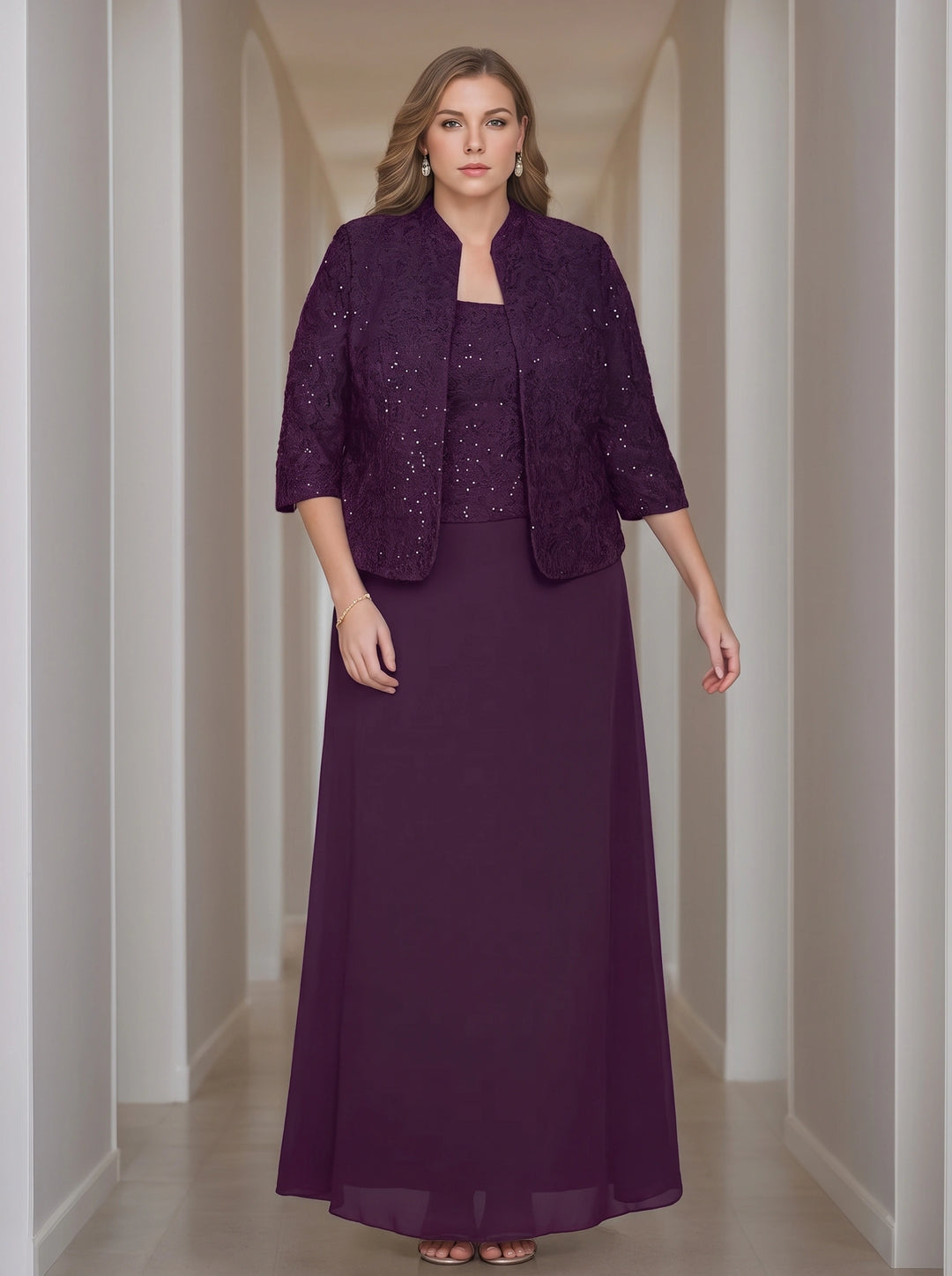 Sheath/Column 2 Pieces Square Neck 3/4 Length Sleeves Floor-Length Mother of the Bride Dresses with Jacket, Lace & Sequins