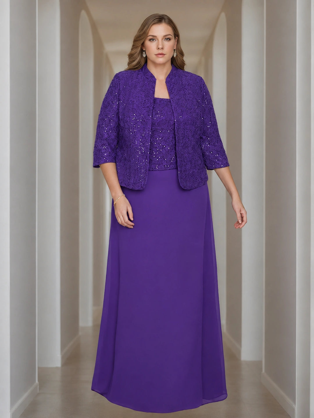 Sheath/Column 2 Pieces Square Neck 3/4 Length Sleeves Floor-Length Mother of the Bride Dresses with Jacket, Lace & Sequins