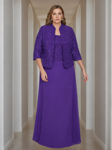 Sheath/Column 2 Pieces Square Neck 3/4 Length Sleeves Floor-Length Mother of the Bride Dresses with Jacket, Lace & Sequins