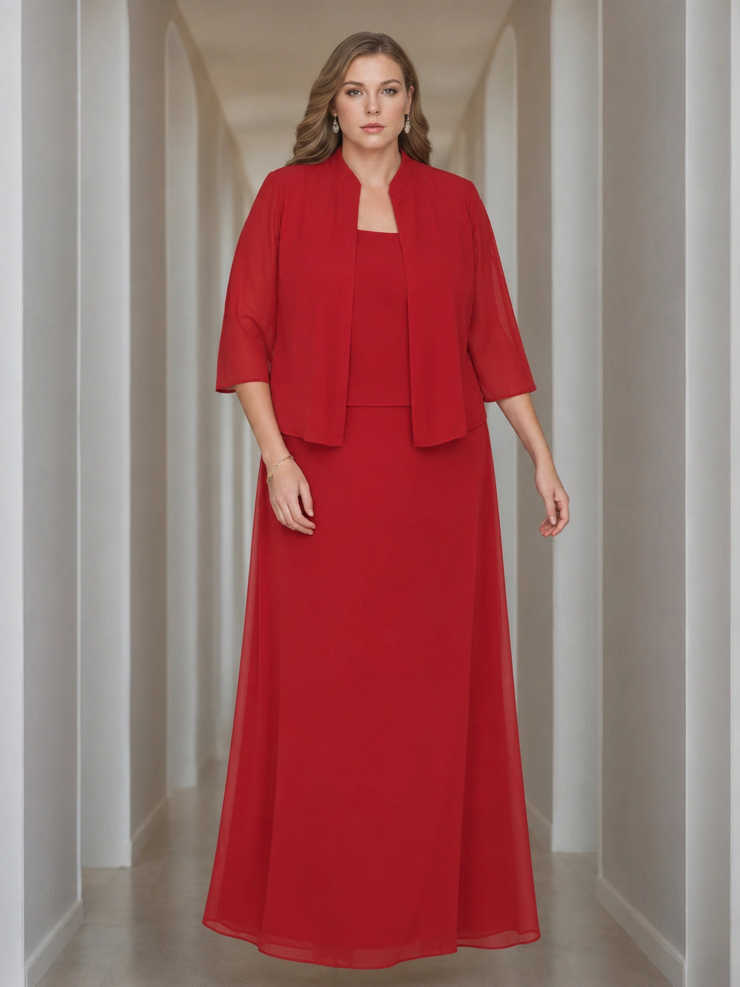 Sheath/Column 2 Pieces Square Neck 3/4 Length Sleeves Floor-Length Mother of the Bride Dresses with Jacket, Lace & Sequins