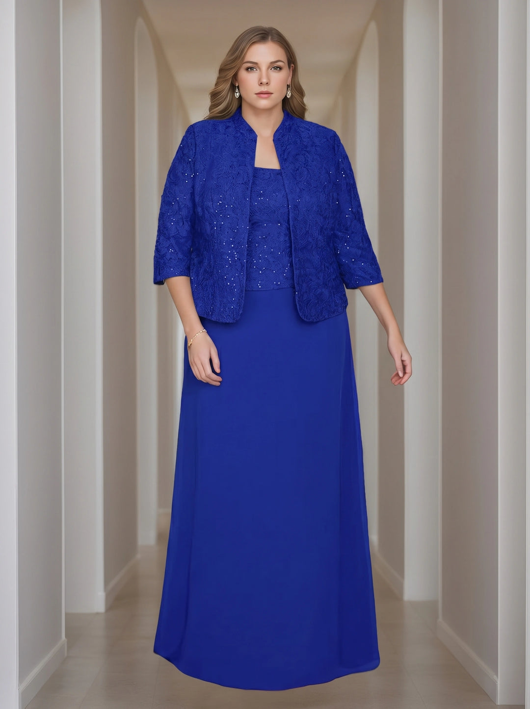 Sheath/Column 2 Pieces Square Neck 3/4 Length Sleeves Floor-Length Mother of the Bride Dresses with Jacket, Lace & Sequins