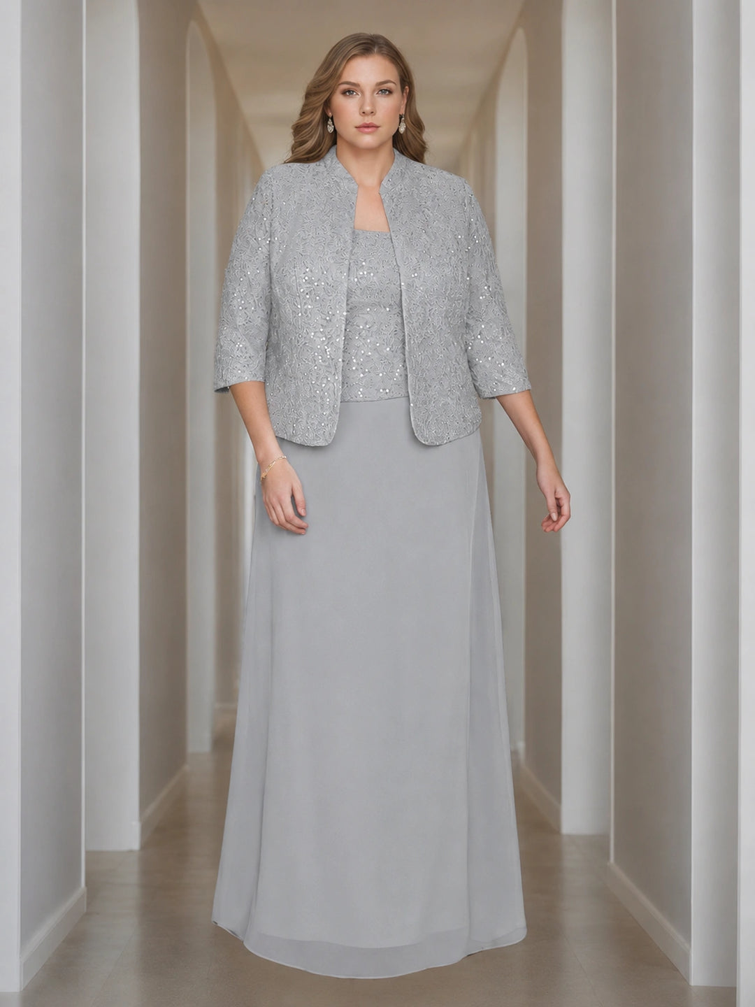 Sheath/Column 2 Pieces Square Neck 3/4 Length Sleeves Floor-Length Mother of the Bride Dresses with Jacket, Lace & Sequins