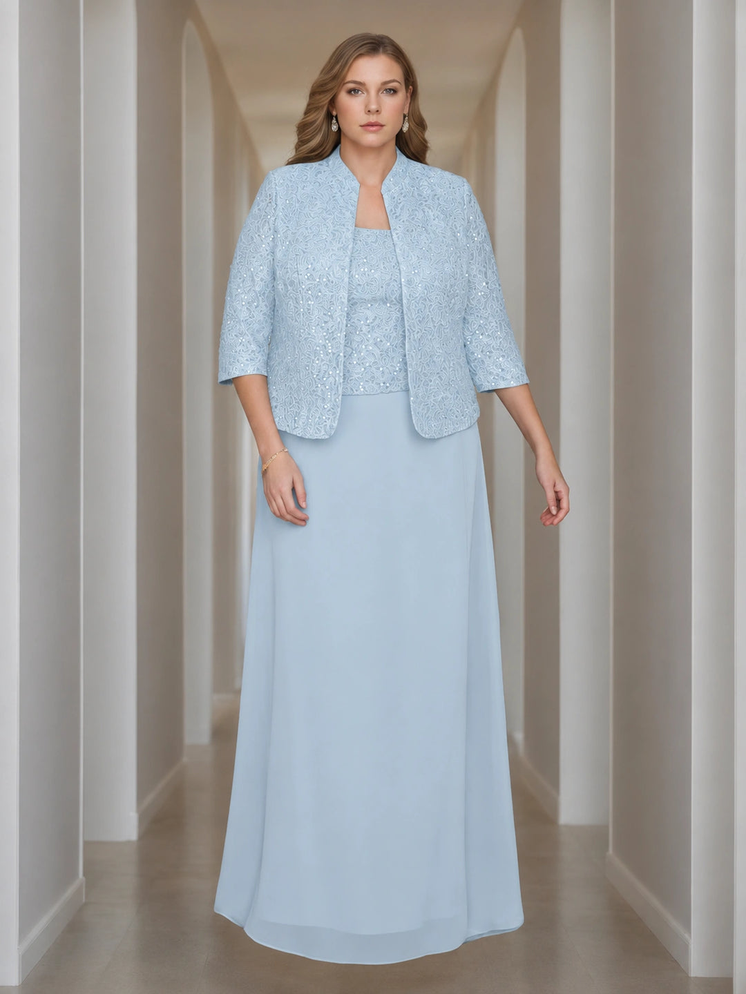 Sheath/Column 2 Pieces Square Neck 3/4 Length Sleeves Floor-Length Mother of the Bride Dresses with Jacket, Lace & Sequins