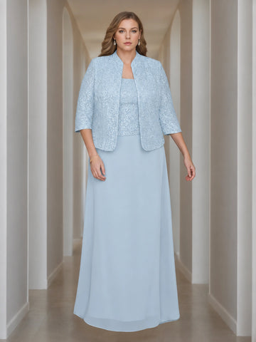 Sheath/Column 2 Pieces Square Neck 3/4 Length Sleeves Floor-Length Mother of the Bride Dresses with Jacket, Lace & Sequins