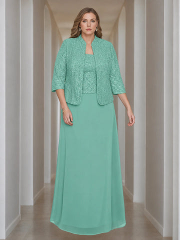 Sheath/Column 2 Pieces Square Neck 3/4 Length Sleeves Floor-Length Mother of the Bride Dresses with Jacket, Lace & Sequins