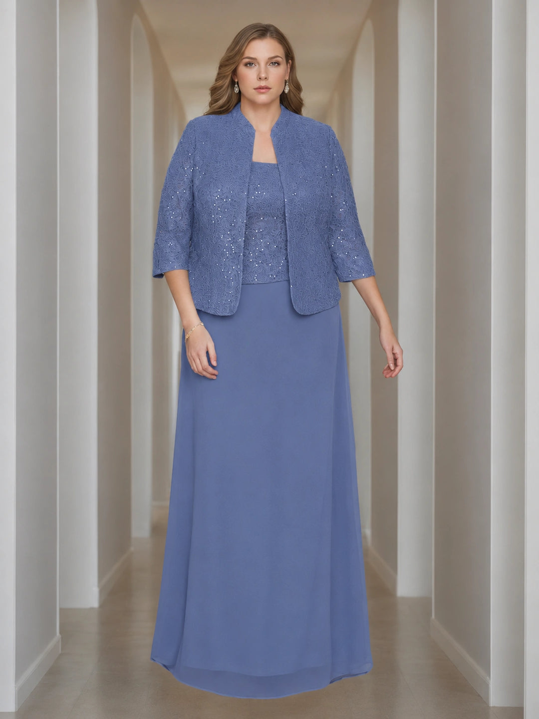 Sheath/Column 2 Pieces Square Neck 3/4 Length Sleeves Floor-Length Mother of the Bride Dresses with Jacket, Lace & Sequins