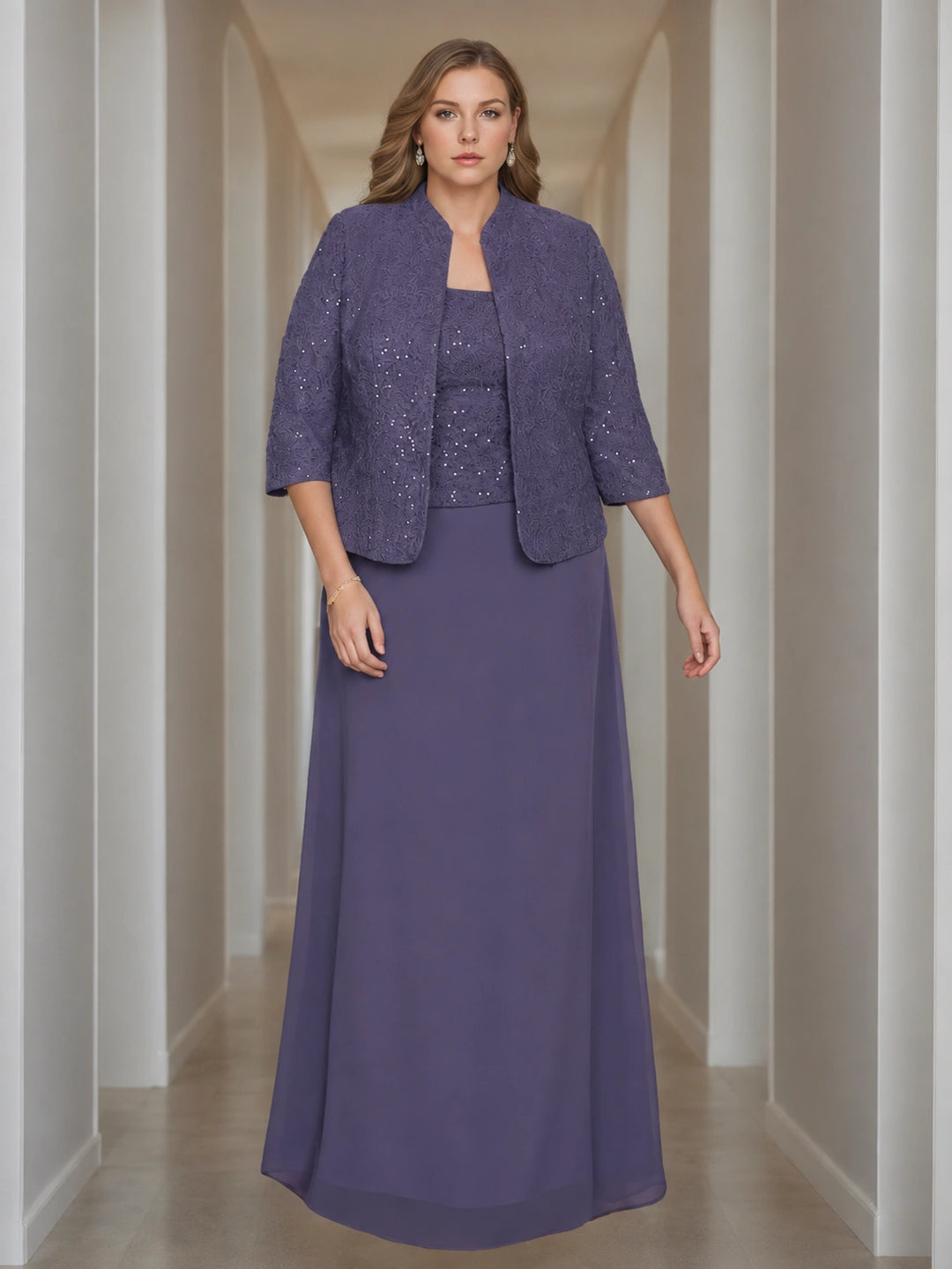 Sheath/Column 2 Pieces Square Neck 3/4 Length Sleeves Floor-Length Mother of the Bride Dresses with Jacket, Lace & Sequins