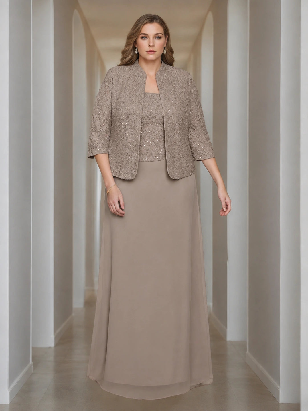Sheath/Column 2 Pieces Square Neck 3/4 Length Sleeves Floor-Length Mother of the Bride Dresses with Jacket, Lace & Sequins