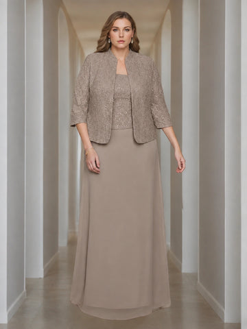 Sheath/Column 2 Pieces Square Neck 3/4 Length Sleeves Floor-Length Mother of the Bride Dresses with Jacket, Lace & Sequins