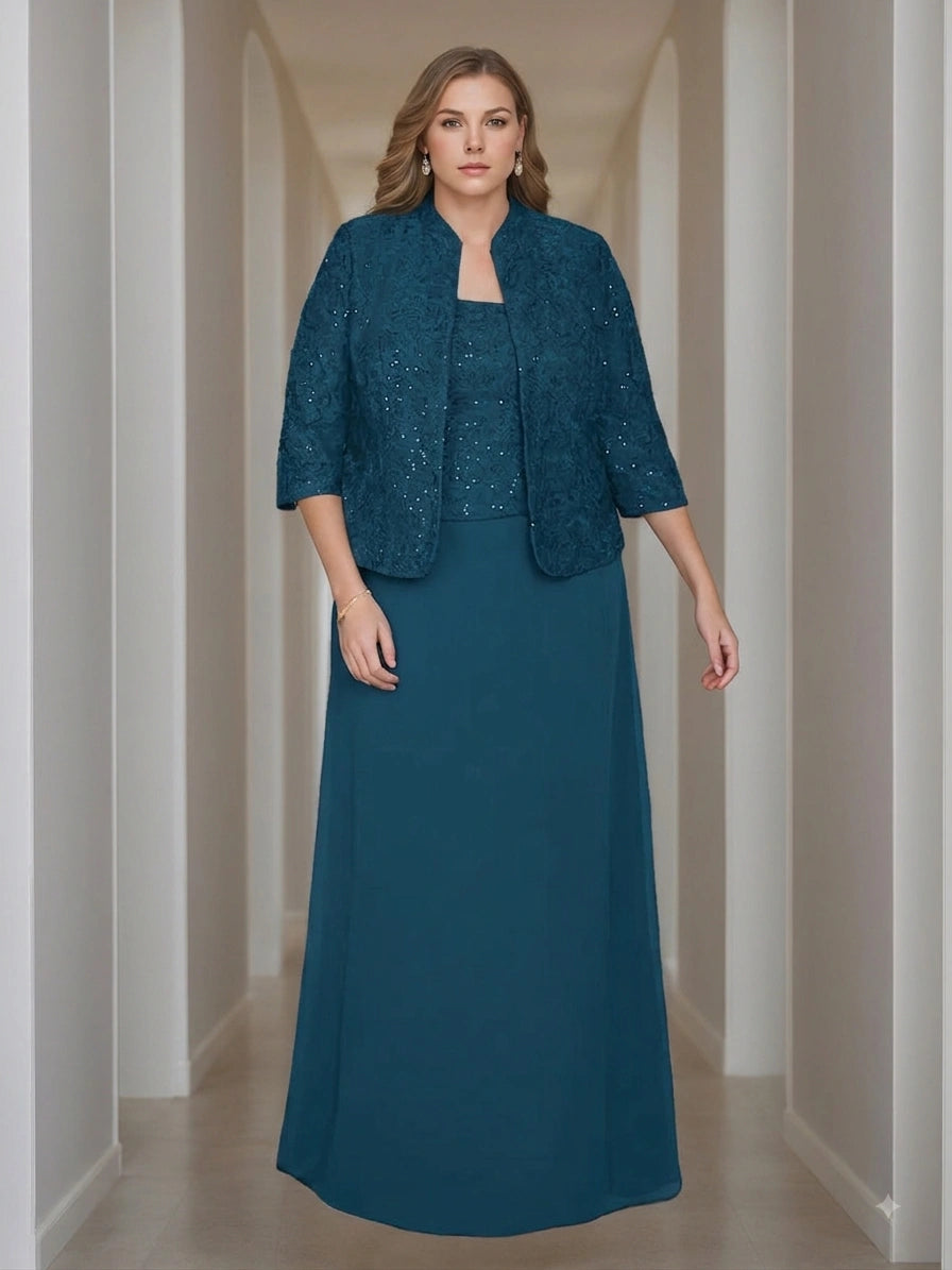 Sheath/Column 2 Pieces Square Neck 3/4 Length Sleeves Floor-Length Mother of the Bride Dresses with Jacket, Lace & Sequins