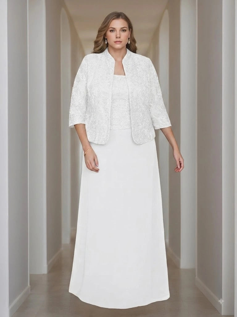 Sheath/Column 2 Pieces Square Neck 3/4 Length Sleeves Floor-Length Mother of the Bride Dresses with Jacket, Lace & Sequins