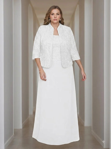 Sheath/Column 2 Pieces Square Neck 3/4 Length Sleeves Floor-Length Mother of the Bride Dresses with Jacket, Lace & Sequins