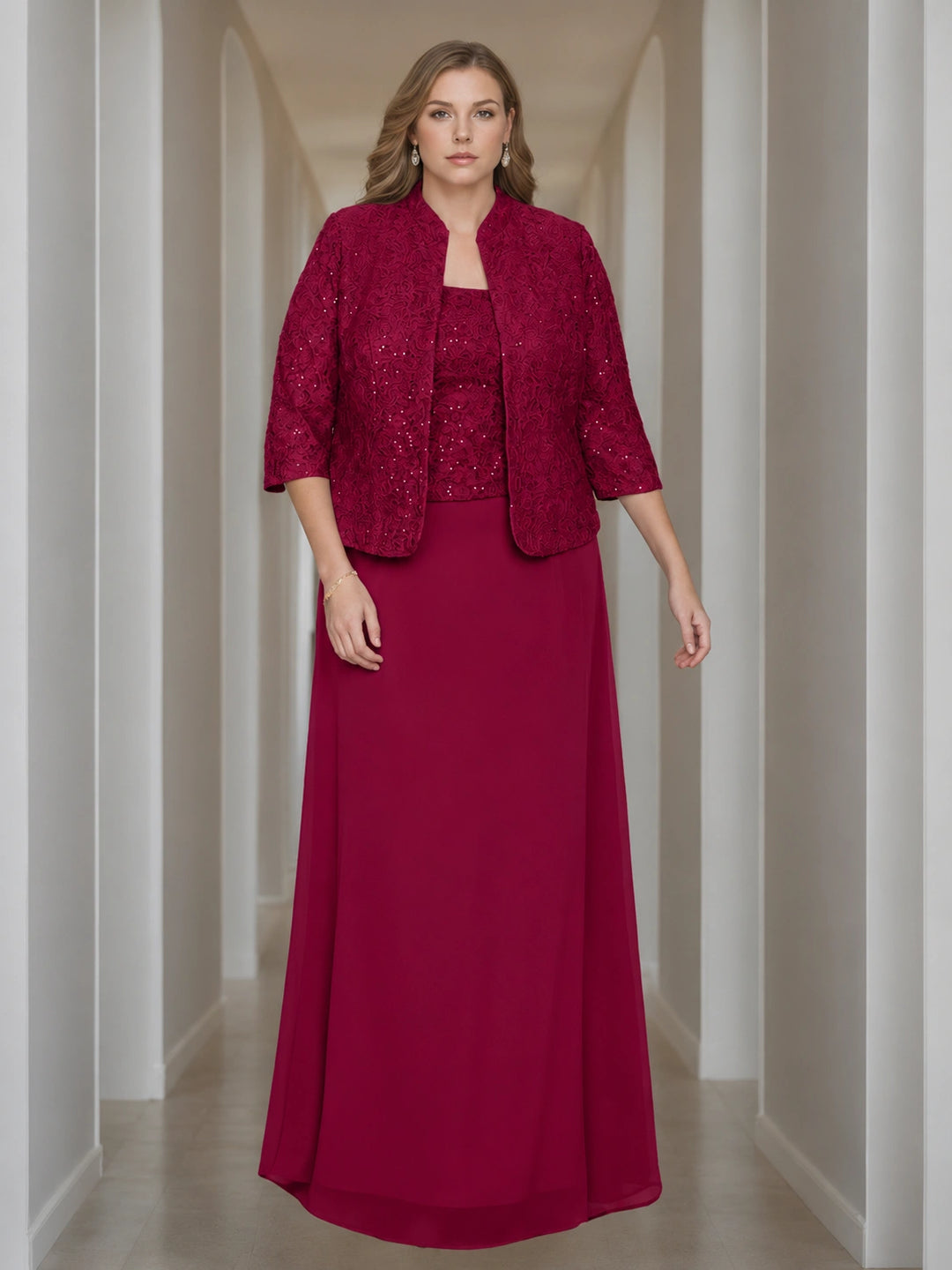 Sheath/Column 2 Pieces Square Neck 3/4 Length Sleeves Floor-Length Mother of the Bride Dresses with Jacket, Lace & Sequins