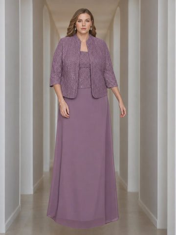 Sheath/Column 2 Pieces Square Neck 3/4 Length Sleeves Floor-Length Mother of the Bride Dresses with Jacket, Lace & Sequins