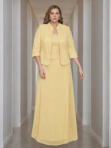 Sheath/Column 2 Pieces Square Neck 3/4 Length Sleeves Floor-Length Mother of the Bride Dresses with Jacket, Lace & Sequins