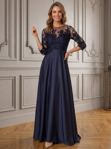 A-Line/Princess Jewel Neck 3/4 Length Sleeves Floor-Length Mother of the Bride Dresses