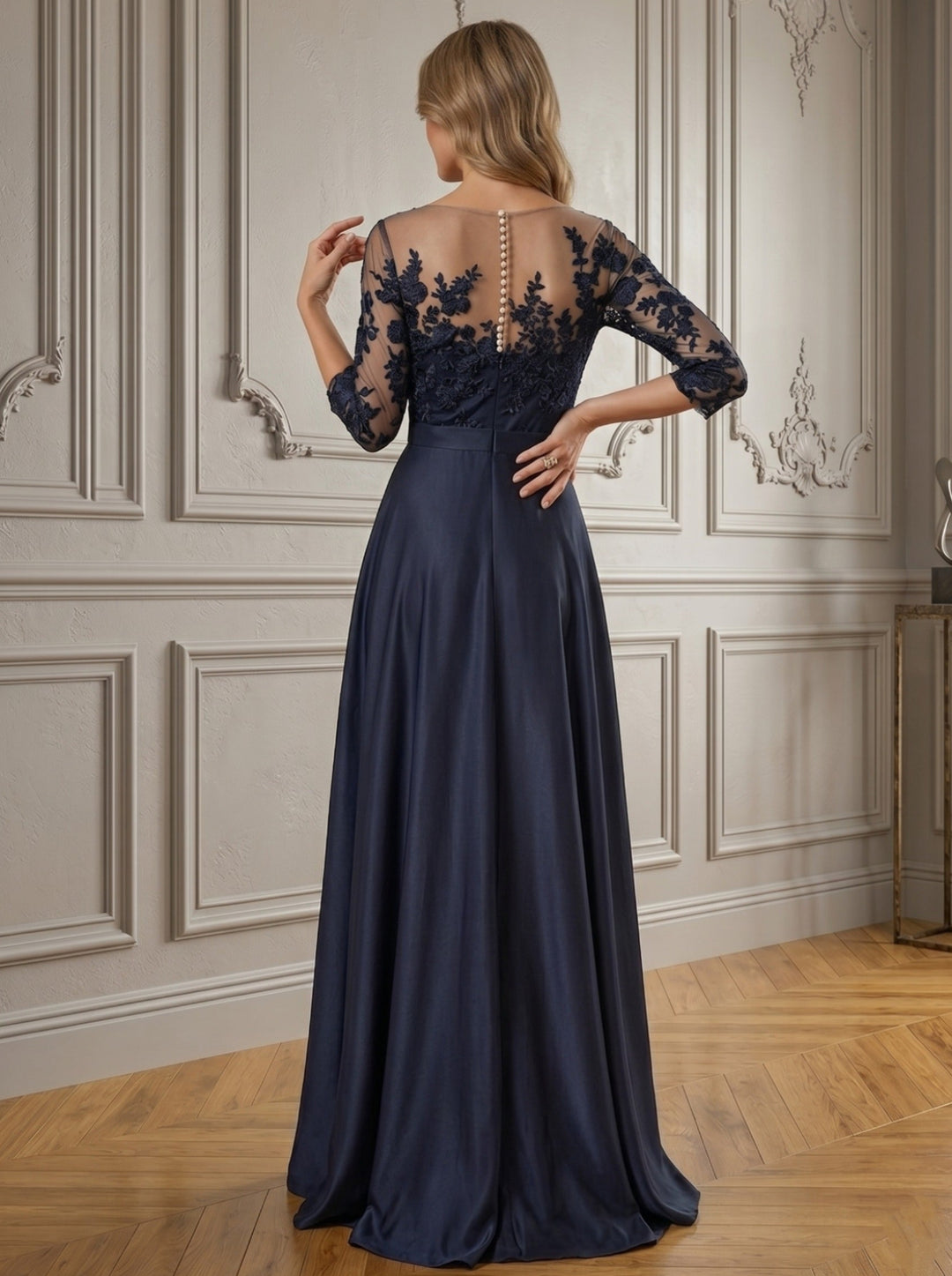 A-Line/Princess Jewel Neck 3/4 Length Sleeves Floor-Length Mother of the Bride Dresses