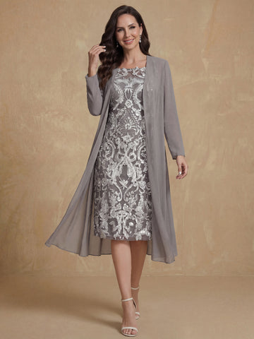Sheath/Column Off-the-Shoulder 3/4 Length Sleeves Knee-Length Plus Size Mother of the Bride Dresses with Jacket
