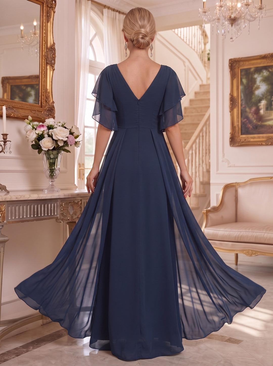 A-Line/Princess V-Neck Half Sleeves Floor-Length Plus SizeMother of the Bride Dresses with Pleated