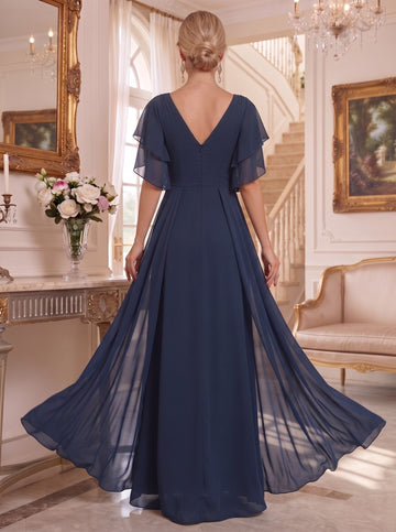 A-Line/Princess V-Neck Half Sleeves Floor-Length Plus SizeMother of the Bride Dresses with Pleated