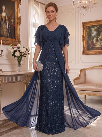 A-Line/Princess V-Neck Half Sleeves Floor-Length Plus SizeMother of the Bride Dresses with Pleated