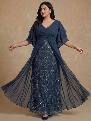A-Line/Princess V-Neck Half Sleeves Floor-Length Plus Size Mother of the Bride Dresses with Pleated