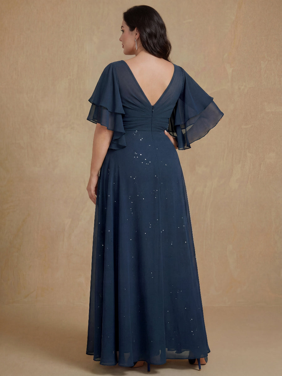 A-Line/Princess V-Neck Half Sleeves Floor-Length Plus Size Mother of the Bride Dresses with Pleated