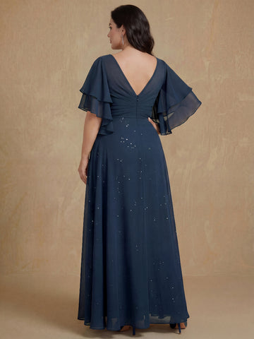 A-Line/Princess V-Neck Half Sleeves Floor-Length Plus Size Mother of the Bride Dresses with Pleated
