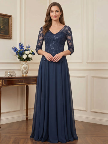 A-Line/Princess V-Neck Half Sleeves Floor-Length Mother of the Bride Dresses with Sequins