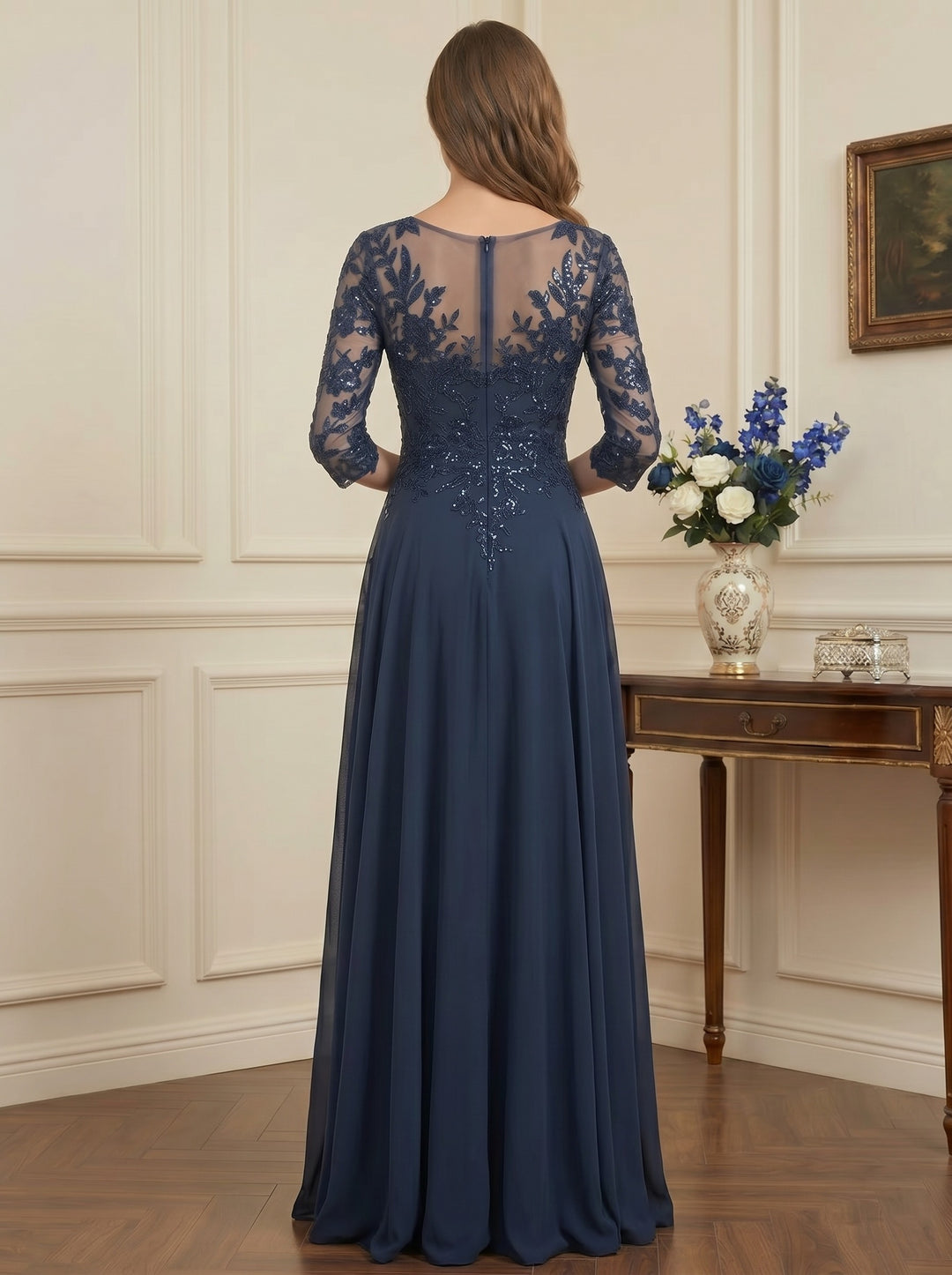 A-Line/Princess V-Neck Half Sleeves Floor-Length Mother of the Bride Dresses with Sequins