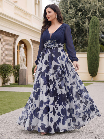 A Line/Princess V-Neck Long Sleeves Floor Length Floral Plus Size Mother of the Bride Dresses With Flower