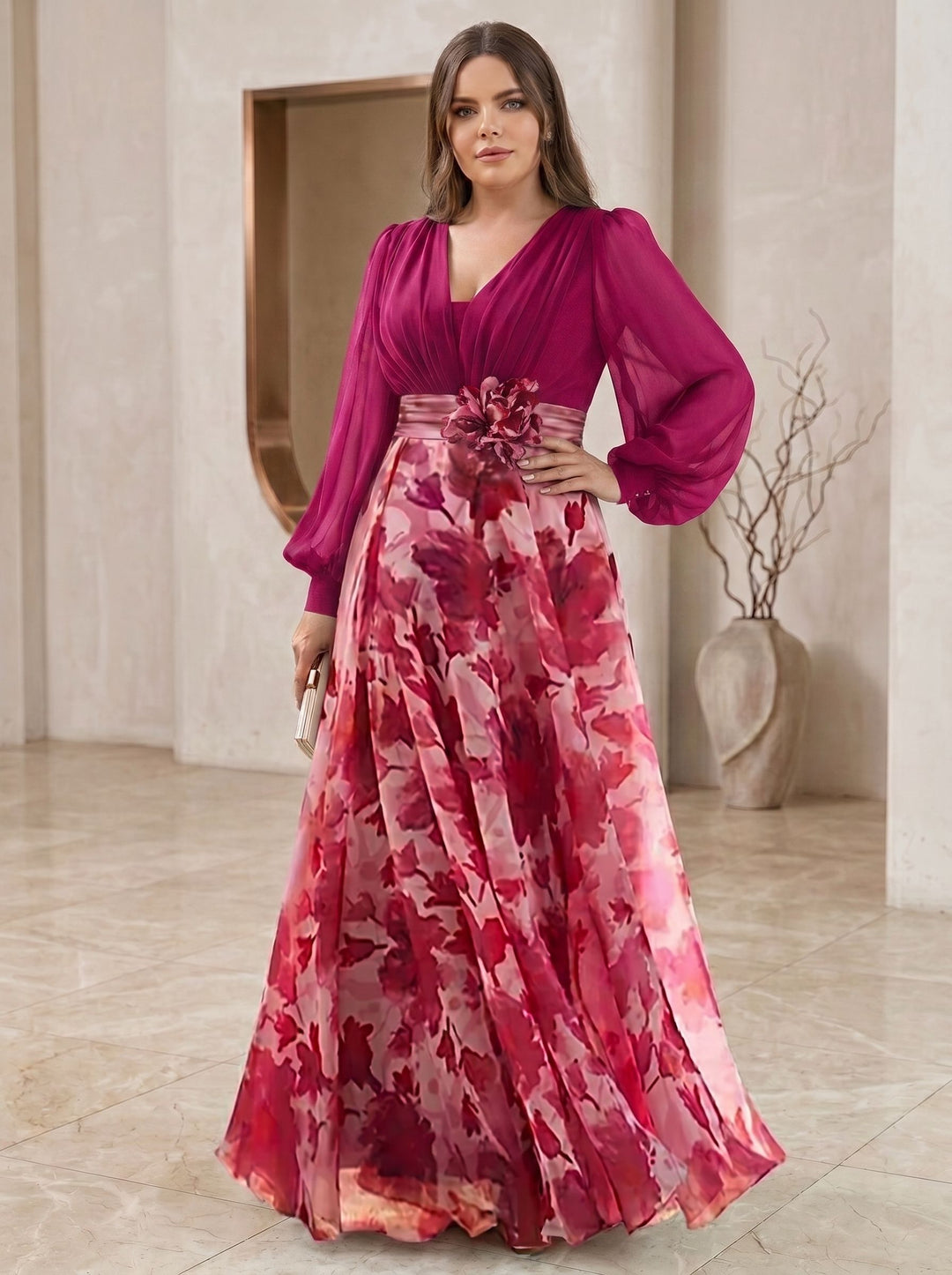 A Line/Princess V-Neck Long Sleeves Floor Length Floral Plus Size Mother of the Bride Dresses With Flower