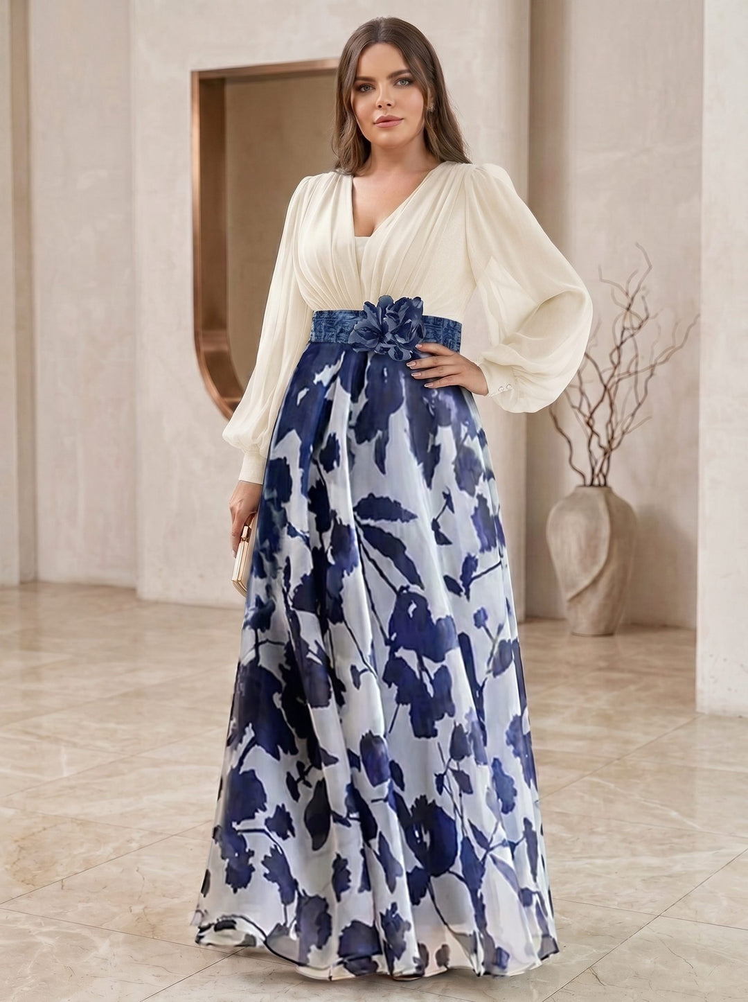 A Line/Princess V-Neck Long Sleeves Floor Length Floral Plus Size Mother of the Bride Dresses With Flower
