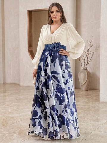 A Line/Princess V-Neck Long Sleeves Floor Length Floral Plus Size Mother of the Bride Dresses With Flower