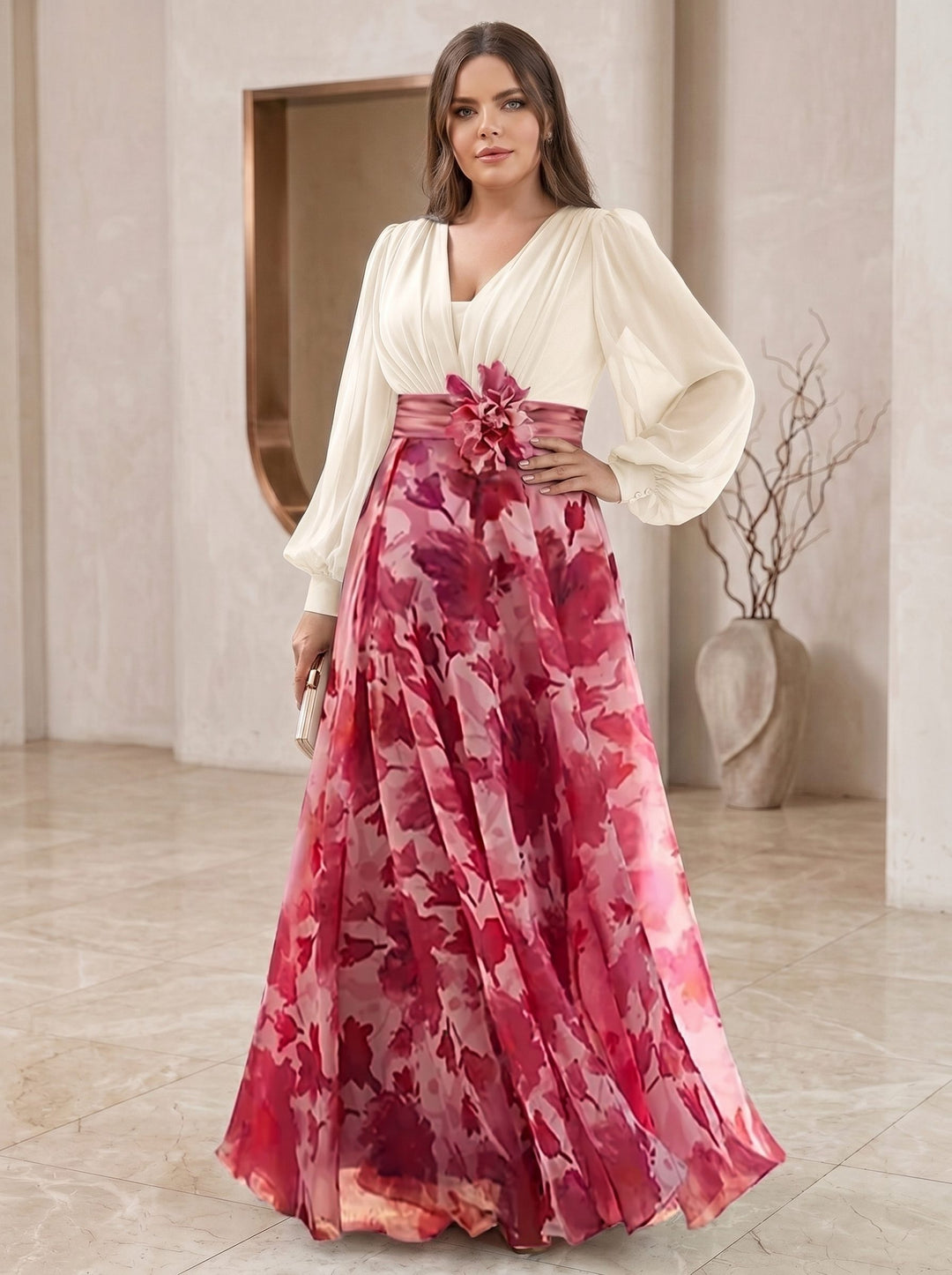 A Line/Princess V-Neck Long Sleeves Floor Length Floral Plus Size Mother of the Bride Dresses With Flower