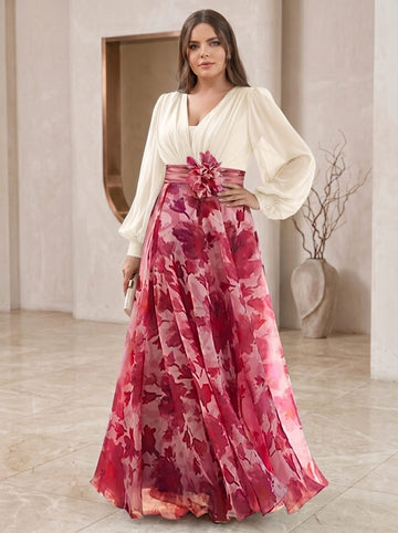 A Line/Princess V-Neck Long Sleeves Floor Length Floral Plus Size Mother of the Bride Dresses With Flower
