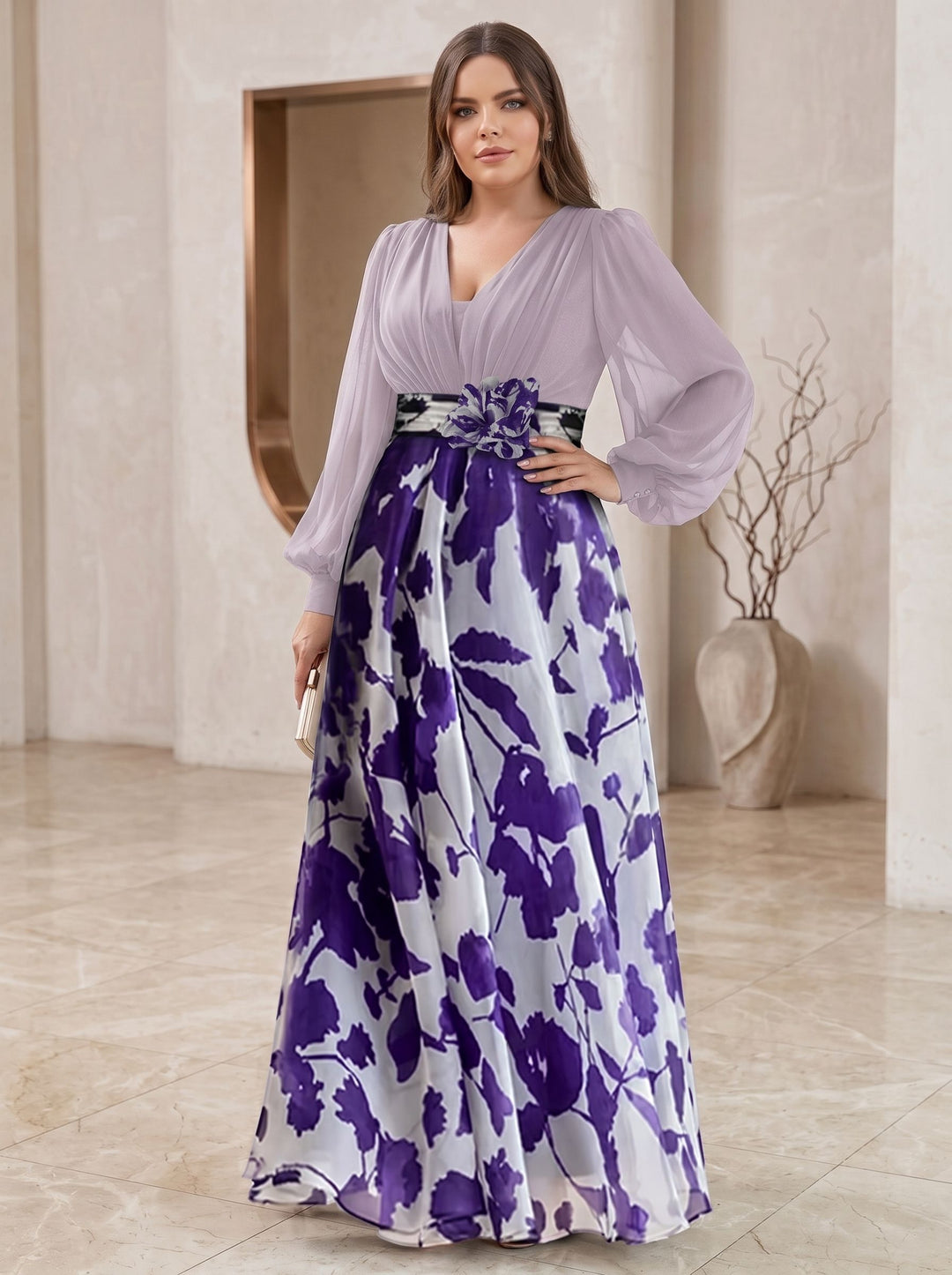 A Line/Princess V-Neck Long Sleeves Floor Length Floral Plus Size Mother of the Bride Dresses With Flower