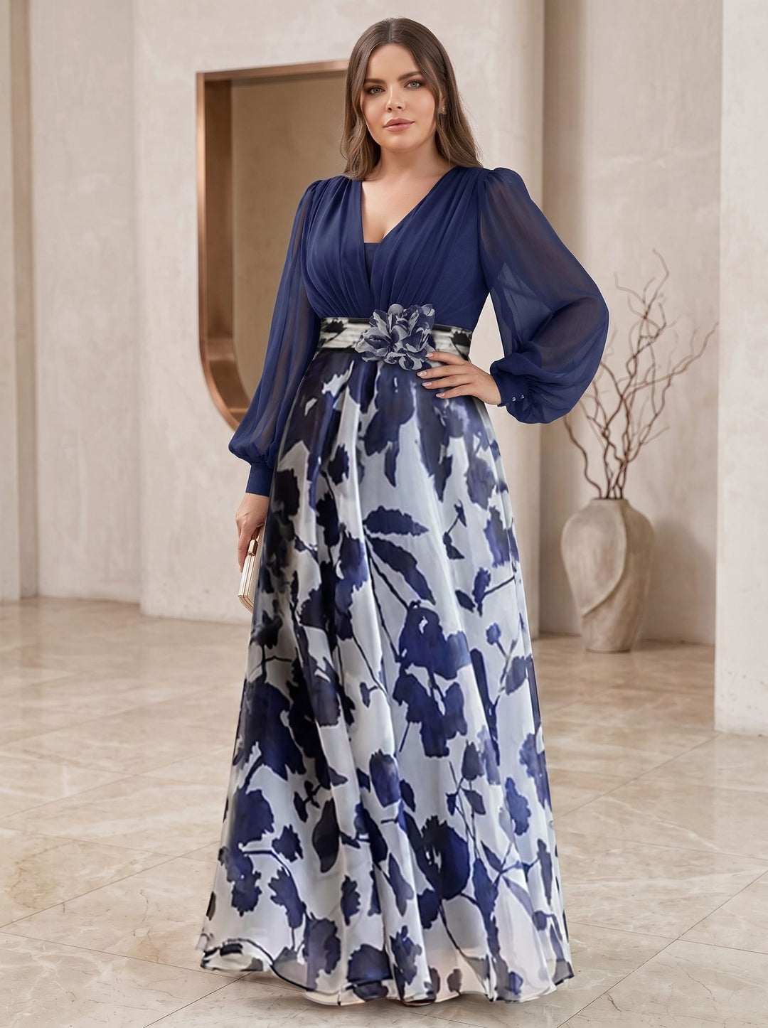 A Line/Princess V-Neck Long Sleeves Floor Length Floral Plus Size Mother of the Bride Dresses With Flower