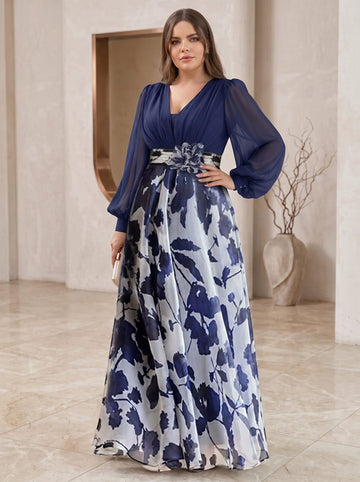 A Line/Princess V-Neck Long Sleeves Floor Length Floral Plus Size Mother of the Bride Dresses With Flower