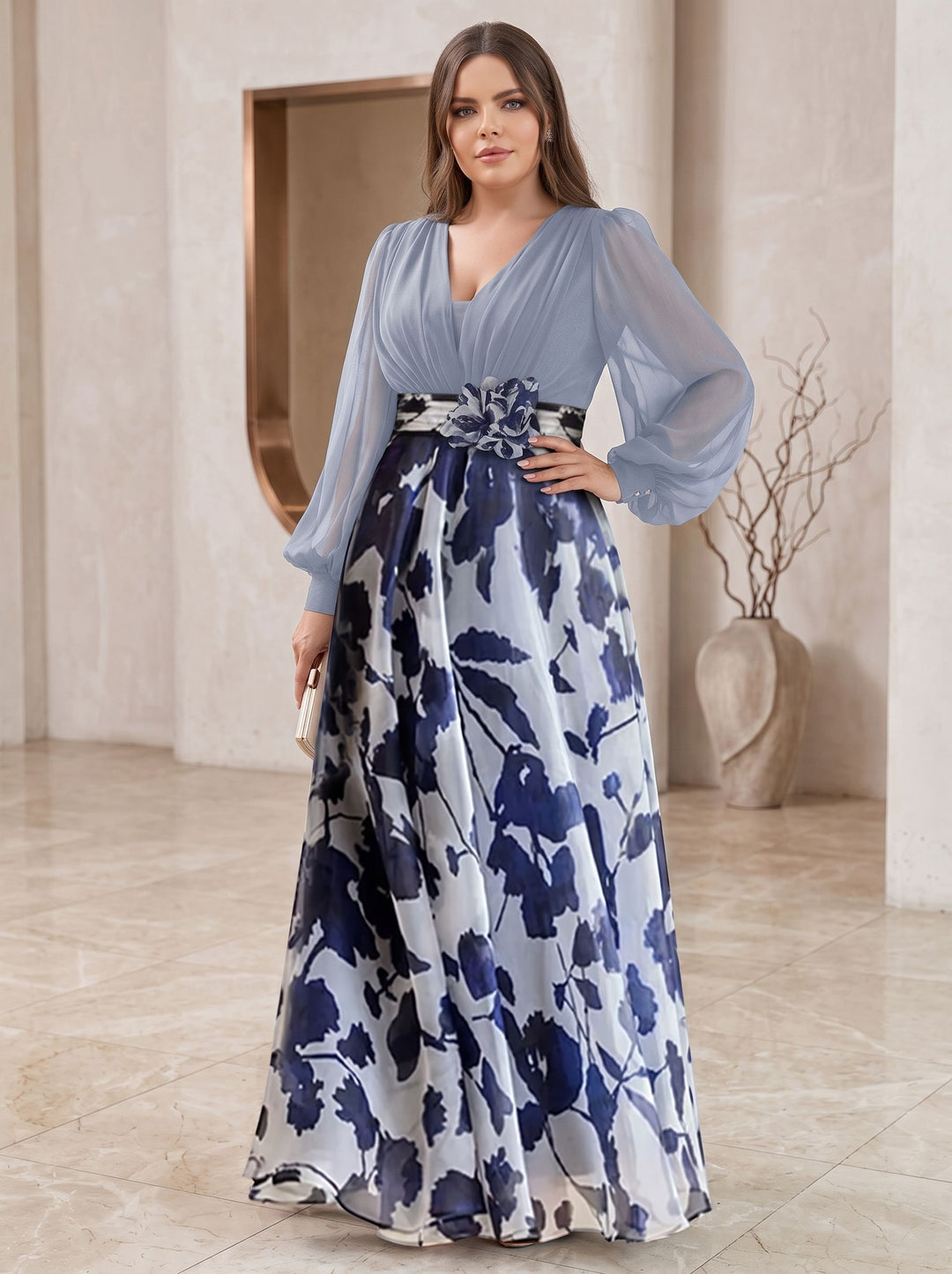 A Line/Princess V-Neck Long Sleeves Floor Length Floral Plus Size Mother of the Bride Dresses With Flower