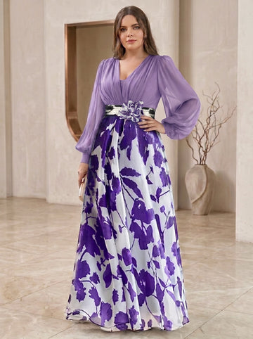 A Line/Princess V-Neck Long Sleeves Floor Length Floral Plus Size Mother of the Bride Dresses With Flower