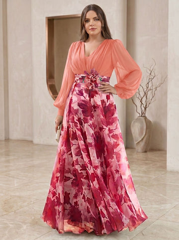 A Line/Princess V-Neck Long Sleeves Floor Length Floral Plus Size Mother of the Bride Dresses With Flower